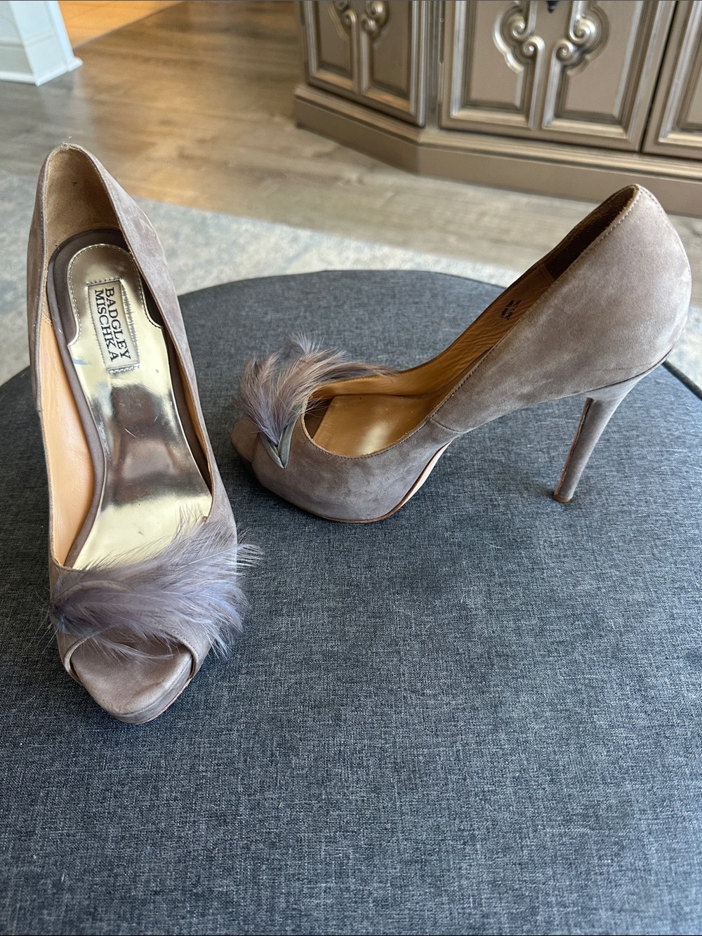 Badgley Mischka Taupe Suede Peep-Toe Heels with Feather Trim